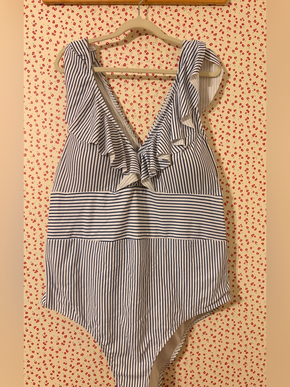 Striped Ruffle V-Neck Women’s One piece - Navy and White